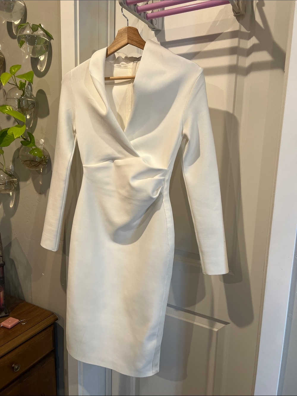 White Long-Sleeve Draped Front Sheath Dress
